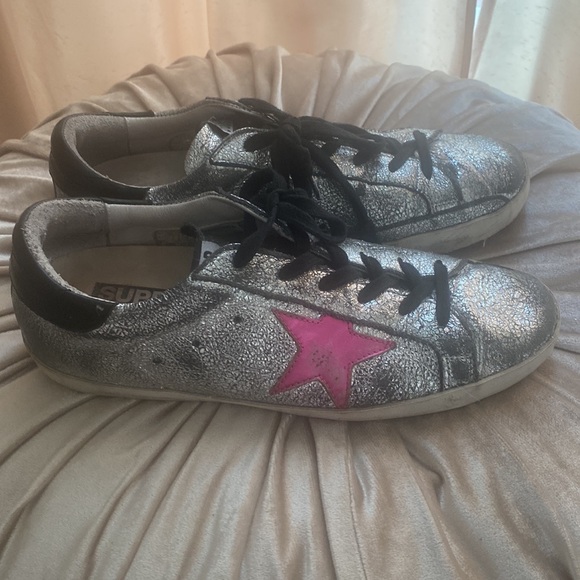 Golden Goose Silver Metallic Sneakers Pink Star EUC size 8 - Picture 7 of 9